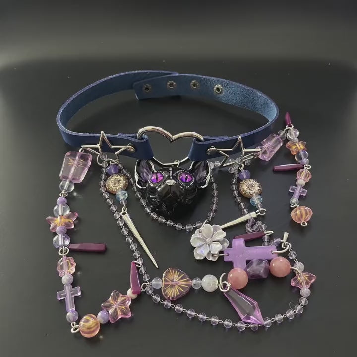 Handmade Gothic Black Cat Choker, Dark Blue Leather Collar with Purple Cat Eyes, Heart O-Ring, Multi-layer Beaded Chains, Cross & Spike Alternative Statement Necklace
