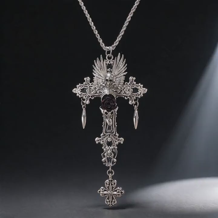 Handmade Gothic Winged Skull Black Rose Cross Necklace, Vintage Ornate Silver Cross Pendant with Gargoyle & Dangle Charms, Dark Punk Alternative Statement Jewelry