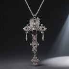 Handmade Gothic Winged Skull Black Rose Cross Necklace, Vintage Ornate Silver Cross Pendant with Gargoyle & Dangle Charms, Dark Punk Alternative Statement Jewelry