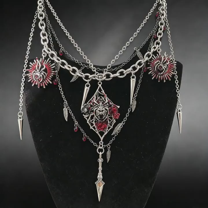 Gothic Multi-layer Spider Rose Spiked Necklace, Dark Punk Alternative Statement Pendant Necklace with Dagger & Spike Charms