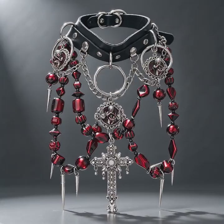 Gothic Black Leather Choker, Red Crystal Bead Necklace with Silver Virgin Mary Medallion, Cross Pendant, Spikes & Chunky Chain, Dark Punk Statement Collar