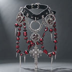 Gothic Black Leather Choker, Red Crystal Bead Necklace with Silver Virgin Mary Medallion, Cross Pendant, Spikes & Chunky Chain, Dark Punk Statement Collar